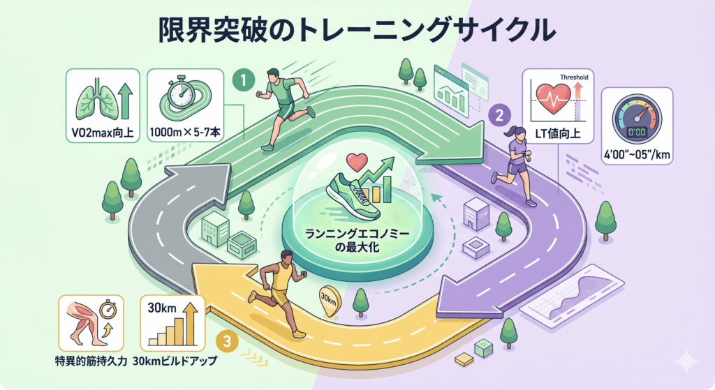インターバル走、閾値走、距離踏みの3つの練習法とその目的（VO2max、LT値、特異的筋持久力）のサイクルを視覚化した、クリーンなアイソメトリック（等角投影）イラスト。