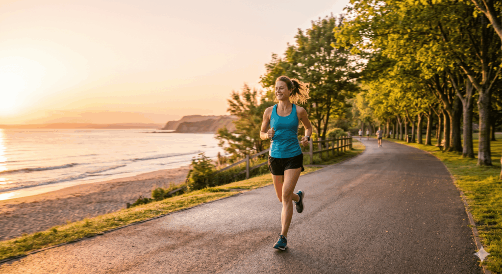 朝日を浴びてジョギングをする人、メンタルヘルス改善とリフレッシュ